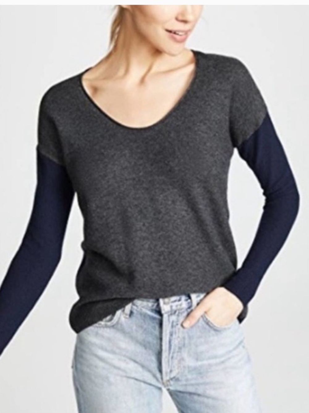 Madewell Kimball V-neck Pullover Alpaca Blend Sweater Colorblock Grey Navy SZ XS